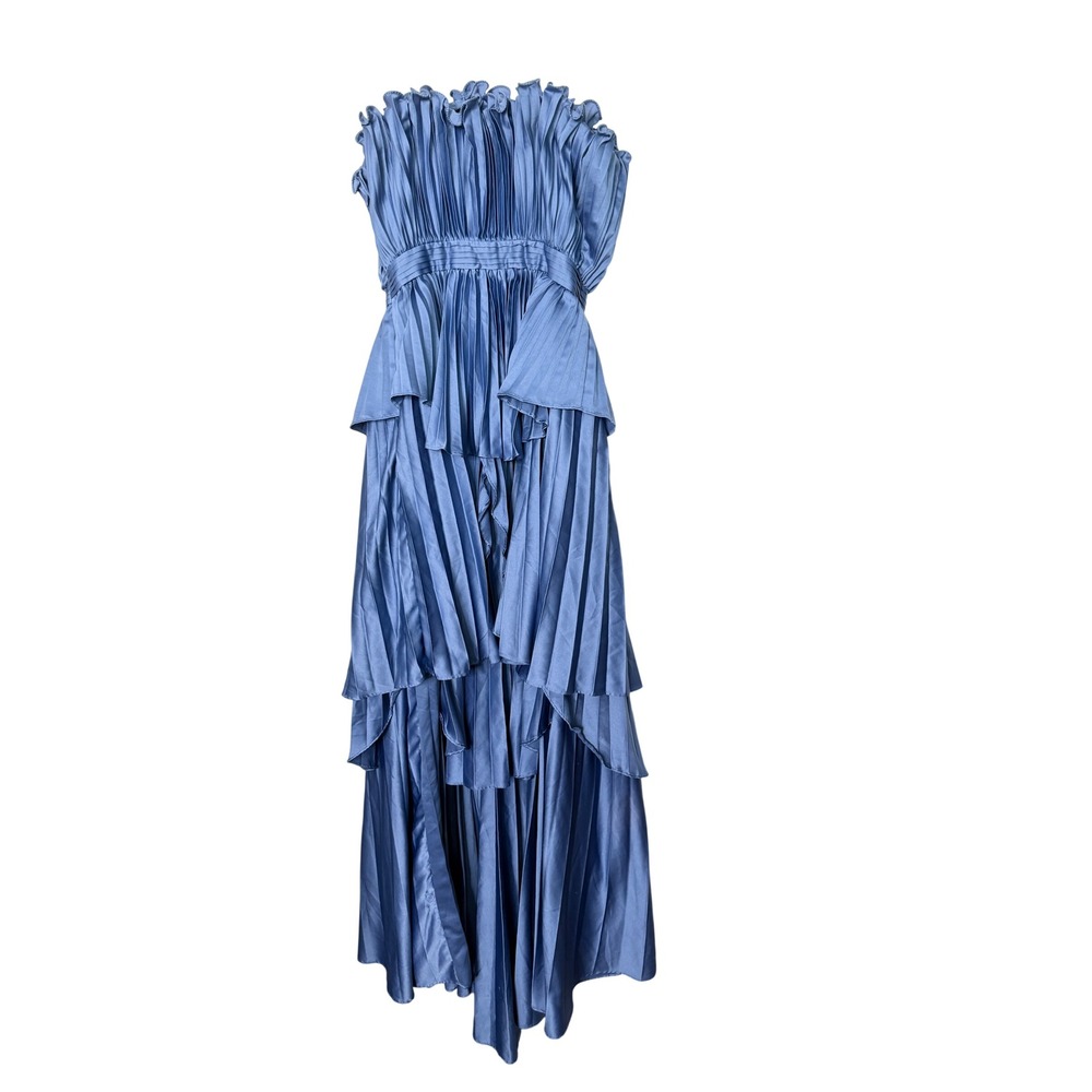 Amur Janey Gown Blue Strapless Pleated Ruffle High-Low Maxi Dress 0 - Picture 8 of 12